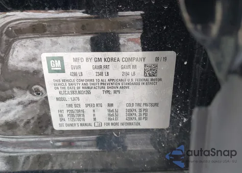 2020 Chevrolet Trax Fwd Lt z USA, uszkodzony, nr VIN KL7CJLSB2LB031265